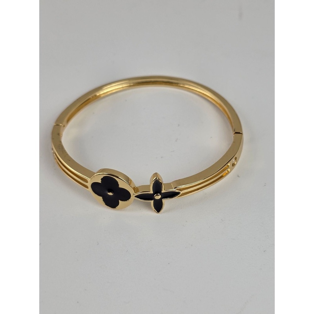 Gold Tone Black Floral Hinged Cuff Bangle Bracelet with Crystals